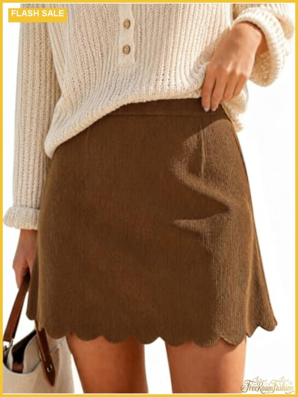 Corduroy Mini Skirt High Waisted Scalloped Hem A-Line Fall Winter